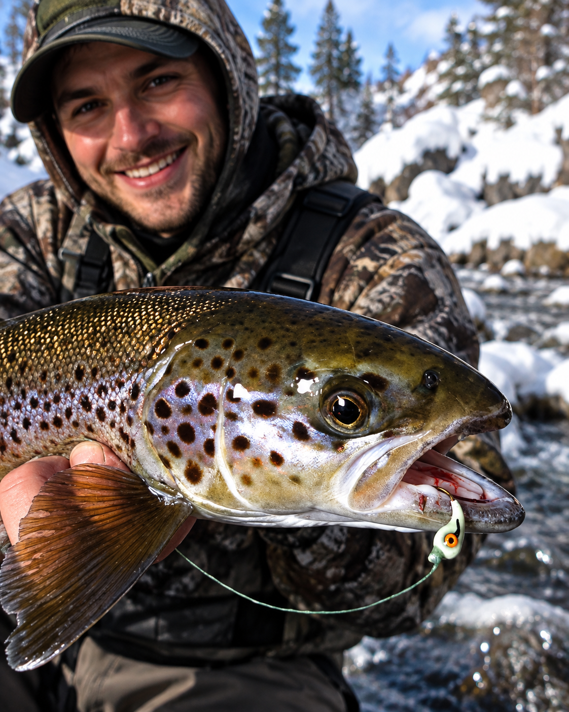 Pêcheur présentant une truite en hiver