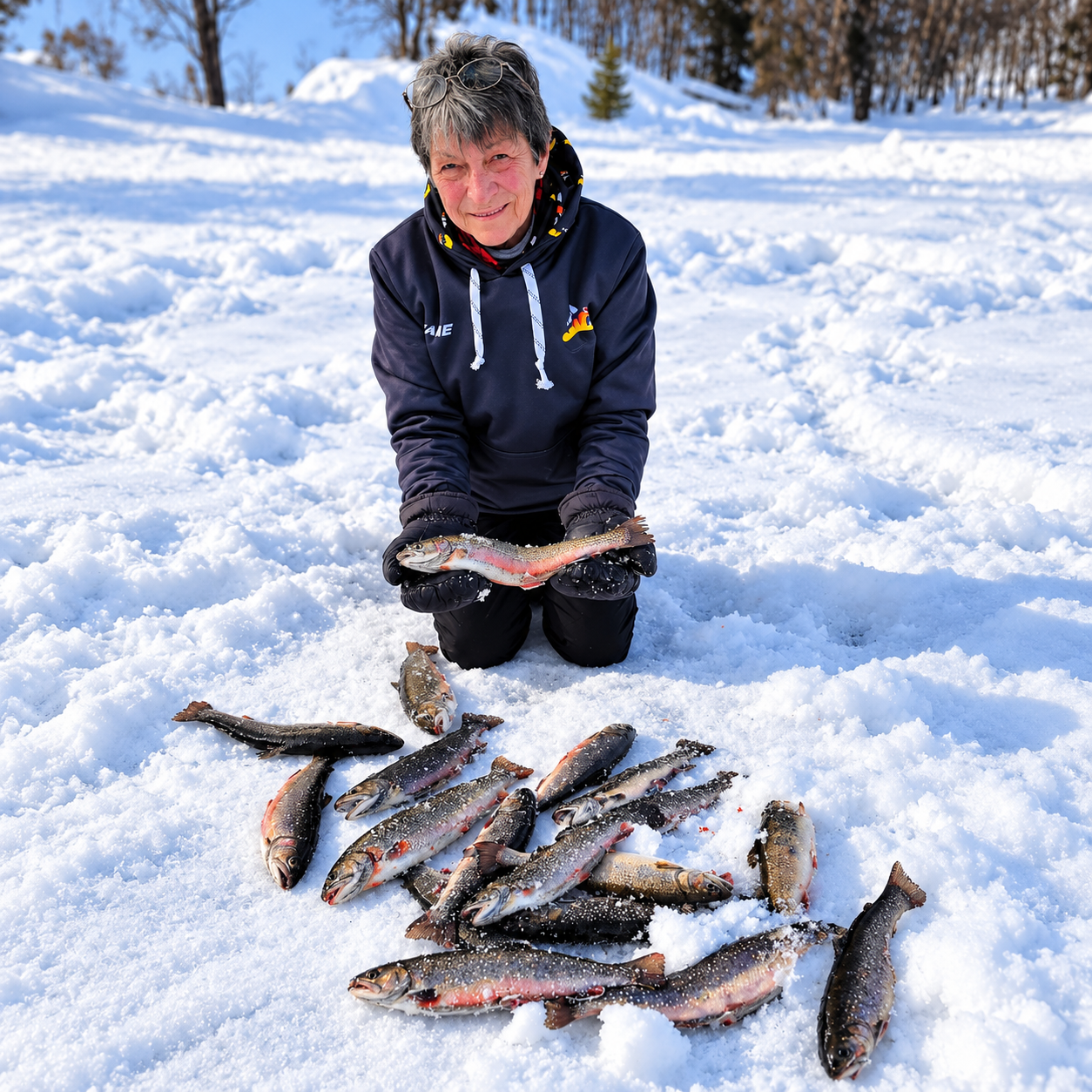 Perchaudes et canne à pêche sur la glace